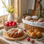 Rustic table displaying traditional Greek Easter desserts including braided Tsoureki bread with red-dyed eggs and powdered sugar-coated Kourabiedes cookies in a cozy kitchen setting