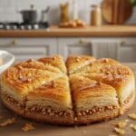 Close-up shot of a golden, crispy kataifi dessert revealing shredded phyllo strands and crunchy nut filling