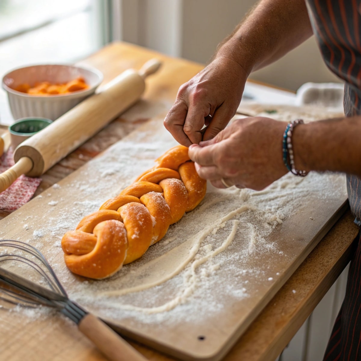 Hands braiding Tsoureki dough, a classic step in making traditional Greek Easter desserts, on a floured surface