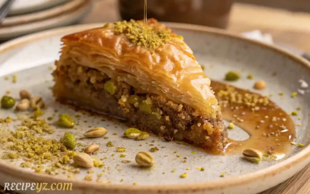 Close-up of Greek baklava slice showing filo pastry layers, walnut filling, and honey syrup drizzle