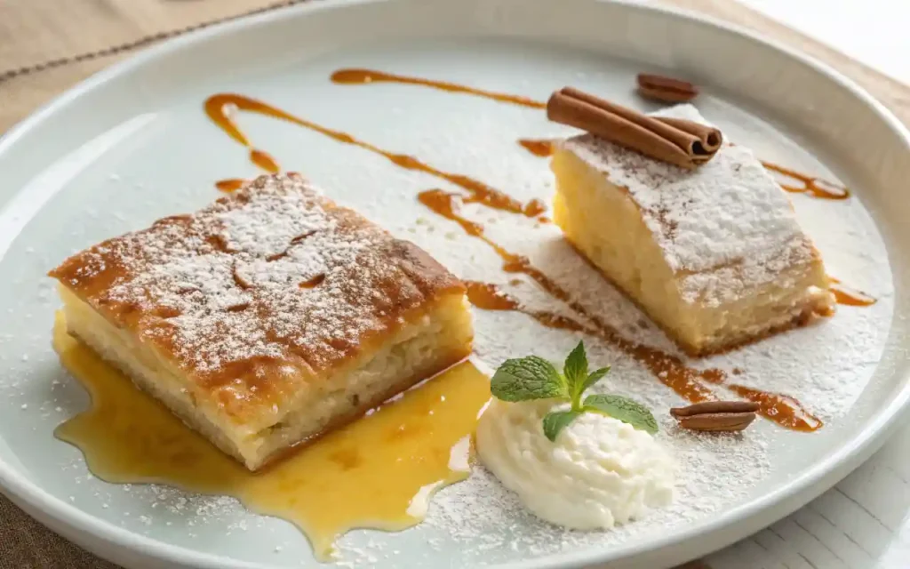 galaktoboureko-bougatsa-comparison Greek custard desserts galaktoboureko and bougatsa side by side on a ceramic plate with syrup and powdered sugar
