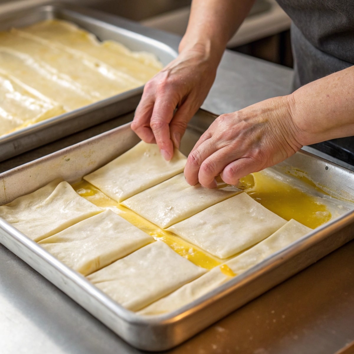 Layering phyllo dough for Greek baklava