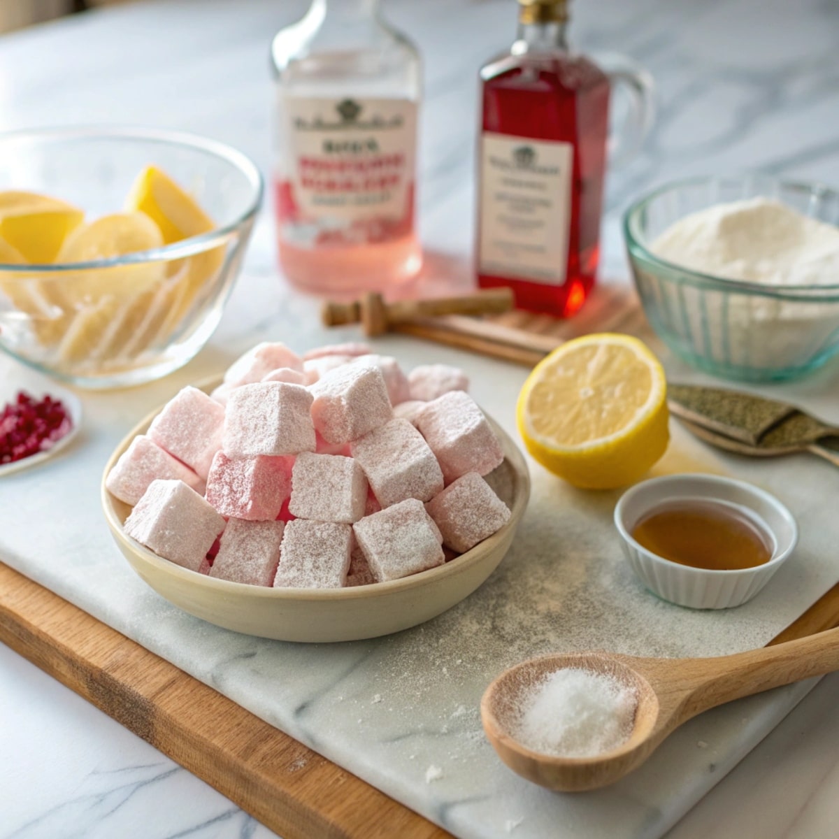 greek-candy-ingredients Ingredients for homemade Greek candy, including sugar, rosewater, and mastic resin, arranged on a marble counter for easy Greek sweets recipes