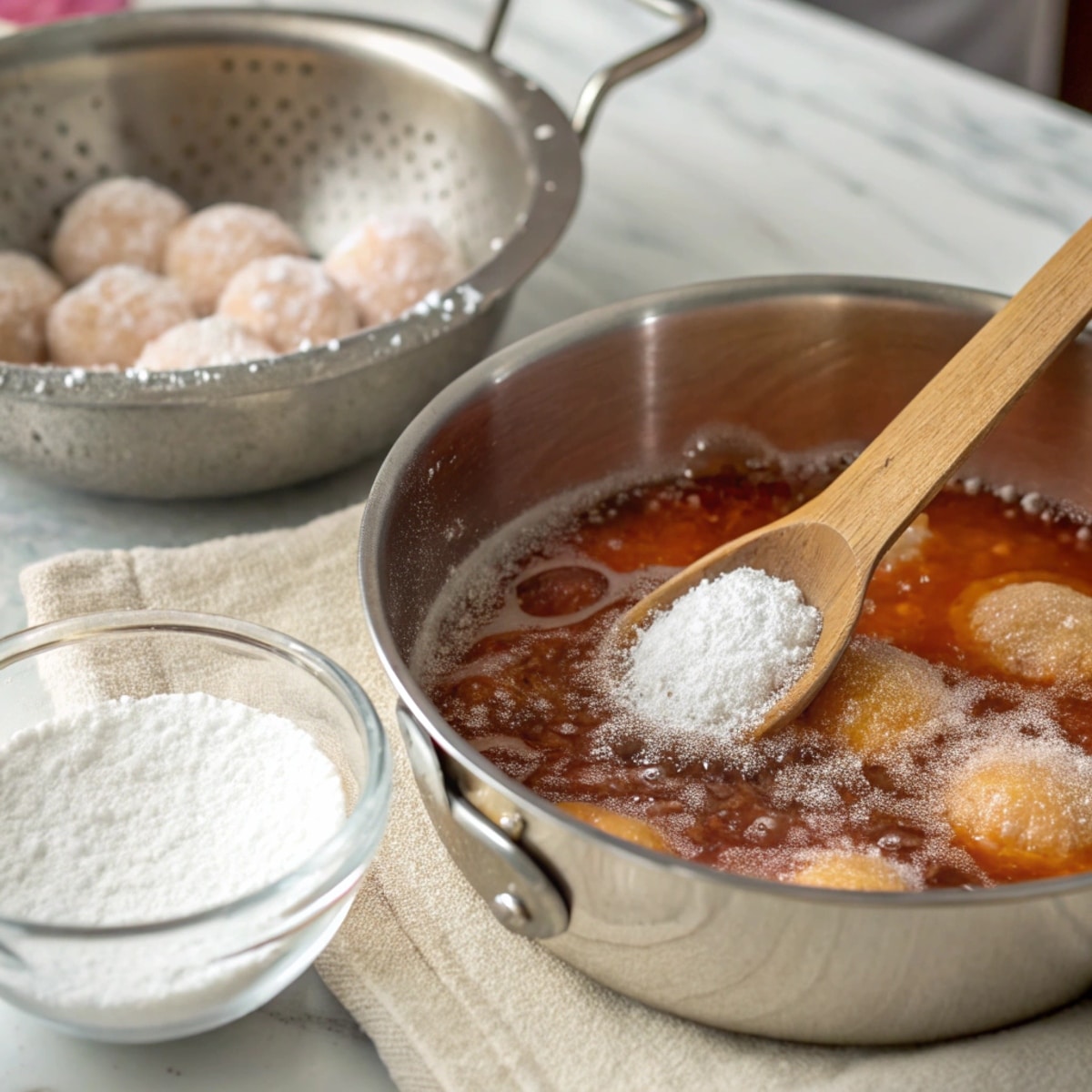 greek-candy-preparation Stirring sugar syrup for loukoumi, a Greek candy, in a saucepan with rosewater, showcasing homemade Greek sweets preparation