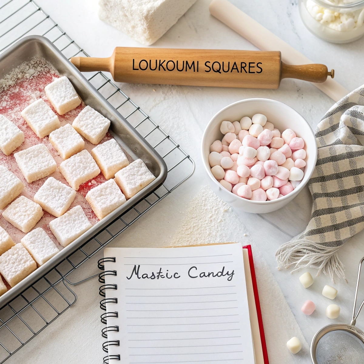 greek-candy-recipe-tips Greek candy recipe setup with loukoumi, mastic candy, and handwritten tips on a wooden counter, perfect for homemade Greek sweets