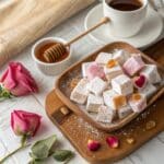 Vibrant Greek candy platter with loukoumi and mastic candy on a rustic wooden tray, ideal for moms craving homemade Greek sweets