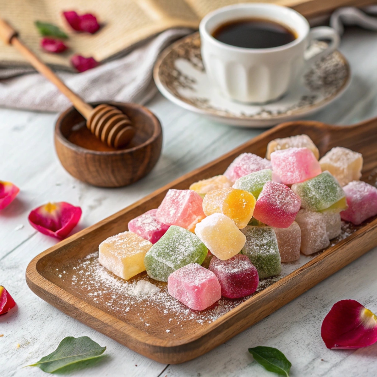 Colorful Greek candy tray with loukoumi and mastic candy on a rustic wooden board, perfect for busy moms craving Mediterranean treats