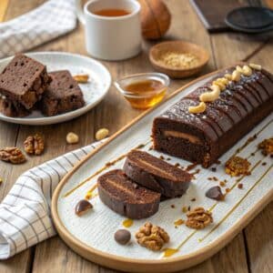 Platter of assorted Greek chocolate desserts including cake slices and chocolate log with nuts and honey on rustic table