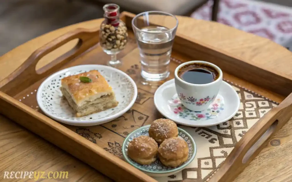 Greek desserts paired with drinks: baklava and Greek coffee, loukoumi with ouzo, melomakarona with sweet wine