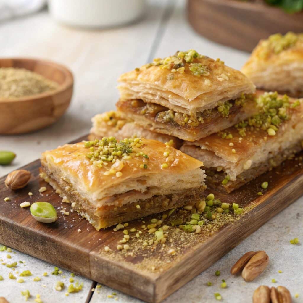 Greek desserts baklava close-up with honey and nuts