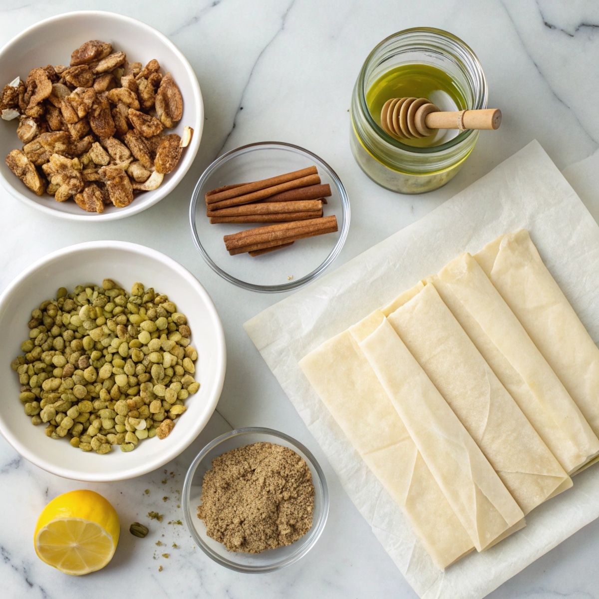 Ingredients for Greek desserts baklava laid out