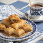 Greek baklava recipe card with ingredients and steps