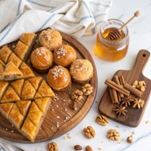Greek desserts with honey, including baklava, loukoumades, and melomakarona, on a rustic platter with honey jar