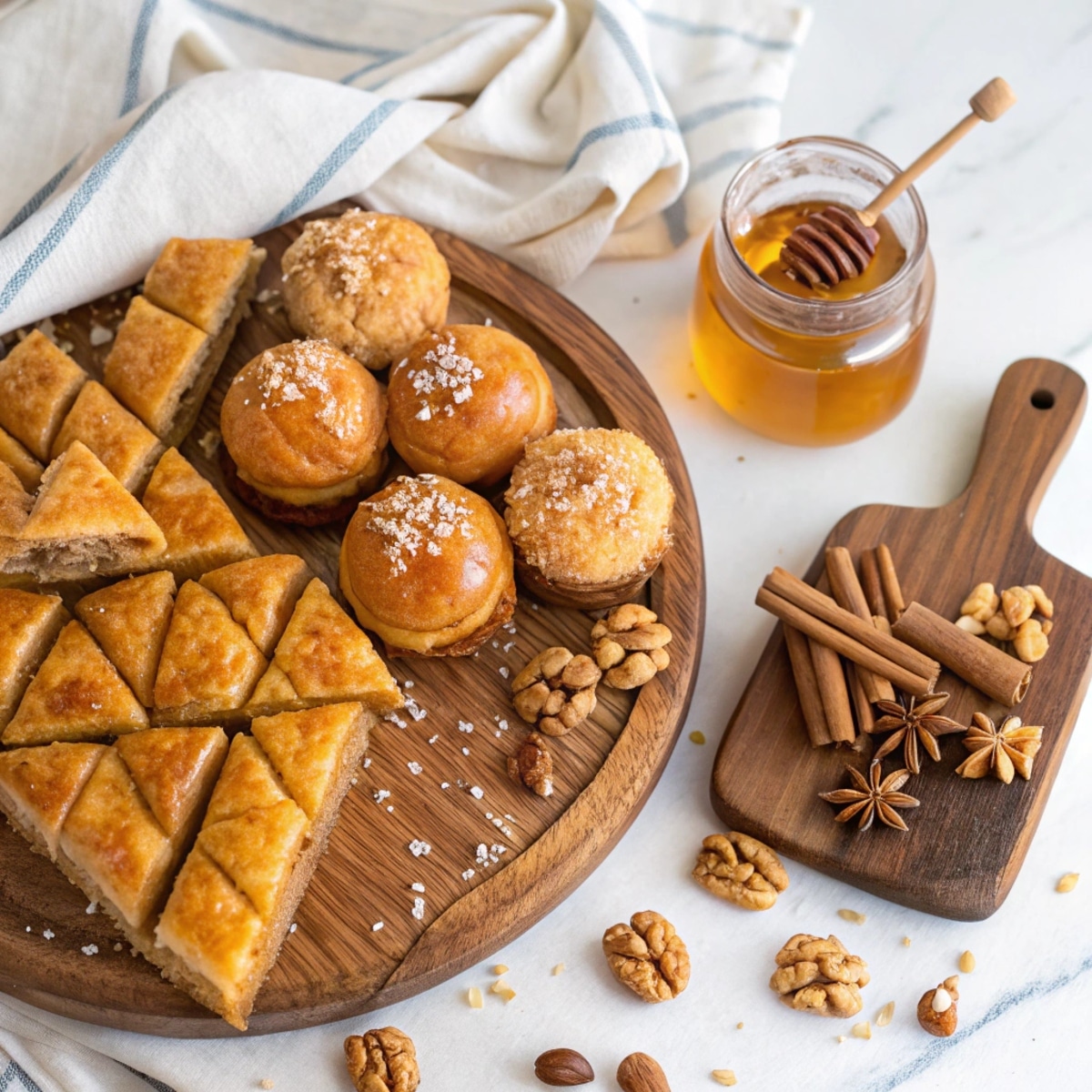 Greek desserts with honey, including baklava, loukoumades, and melomakarona, on a rustic platter with honey jar