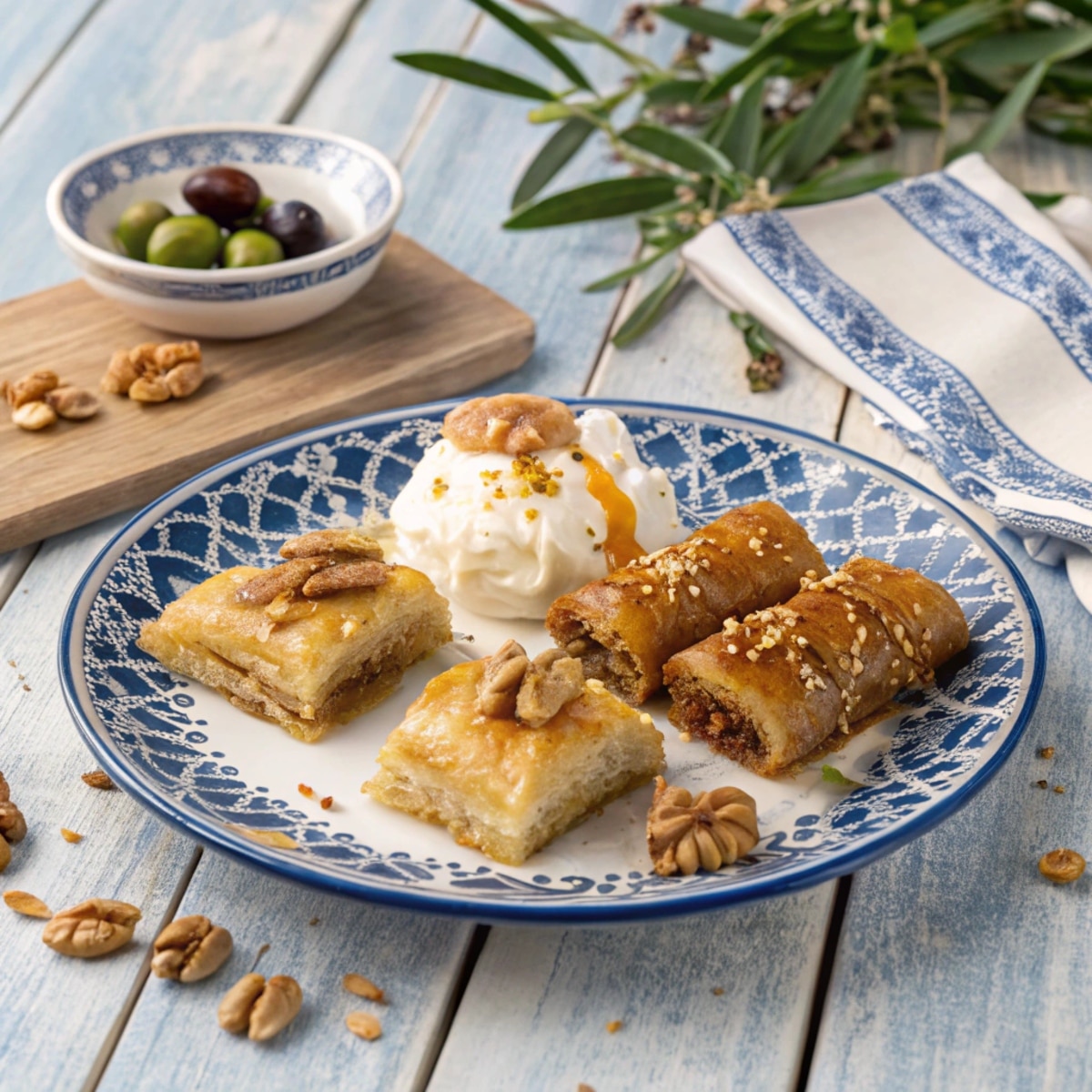 Greek desserts platter featuring baklava, yogurt, and kataifi