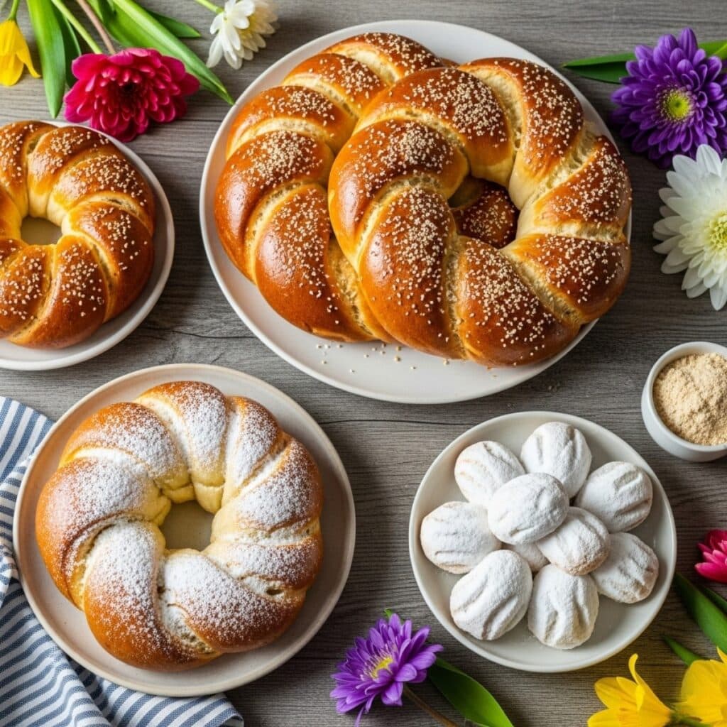 Traditional Greek Easter desserts including Tsoureki and Kourabiedes cookies beautifully arranged on a festive table — Greek Easter desserts