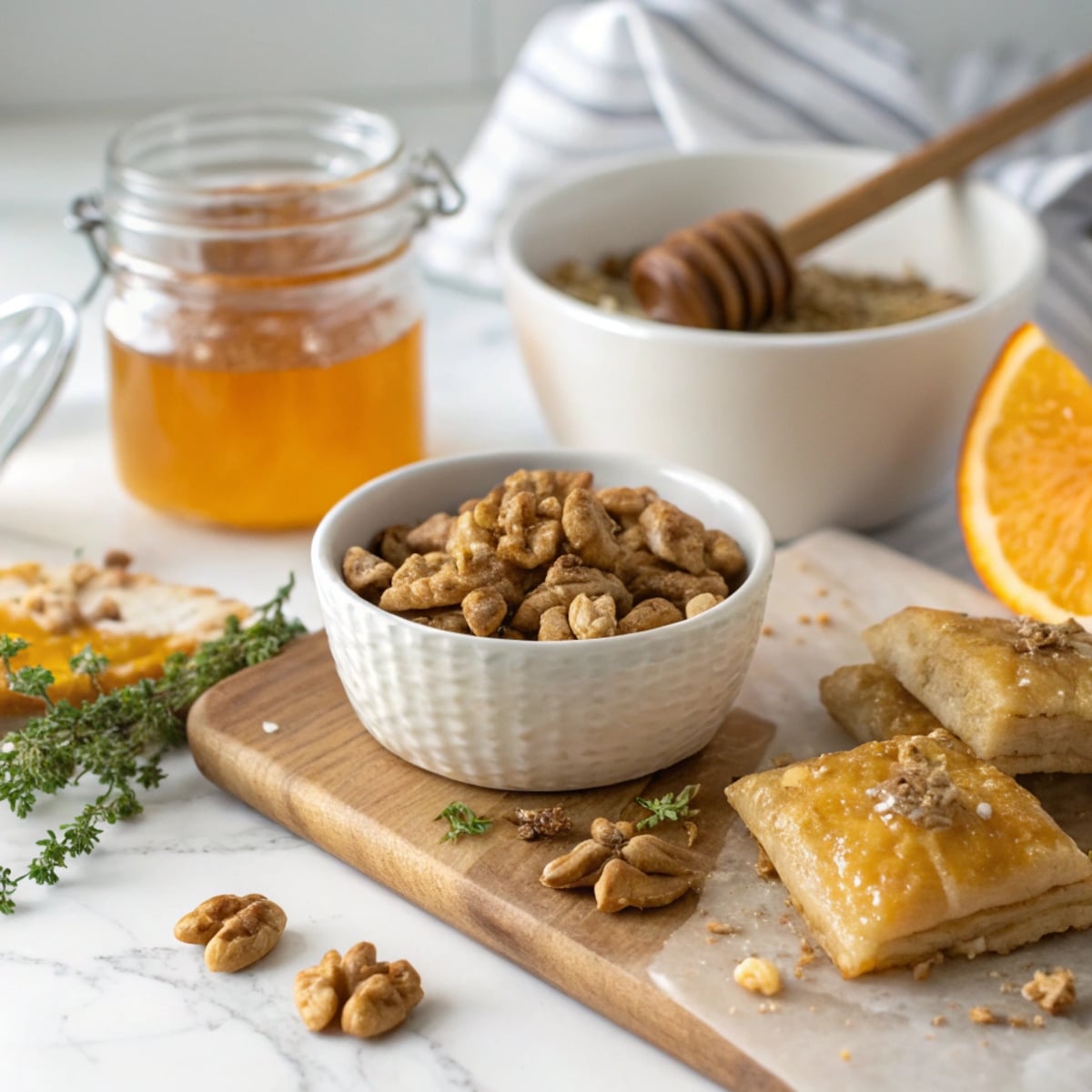 greek-honey-dessert-ingredients Ingredients for Greek desserts with honey, including honey jar, walnuts, phyllo dough, and cinnamon on marble counter