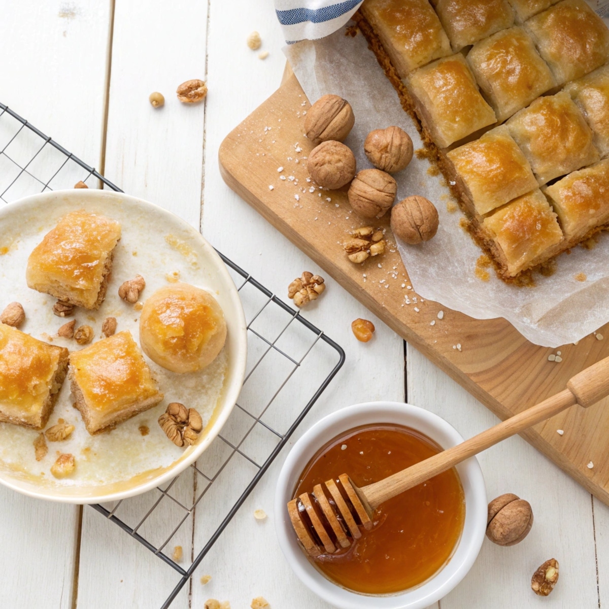 greek-honey-dessert-preparation Preparation of Greek desserts with honey, showing baklava layering, loukoumades syrup pour, and melomakarona cooling