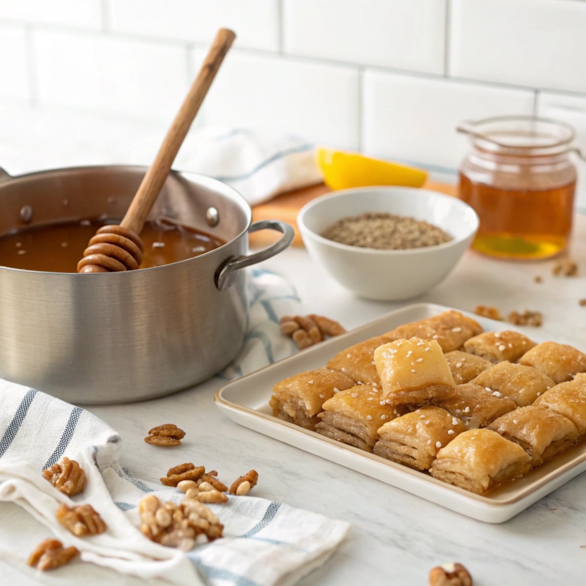 greek-honey-dessert-tips Tips setup for Greek desserts with honey, with honey syrup, baklava slices, and walnut-sprinkled loukoumades