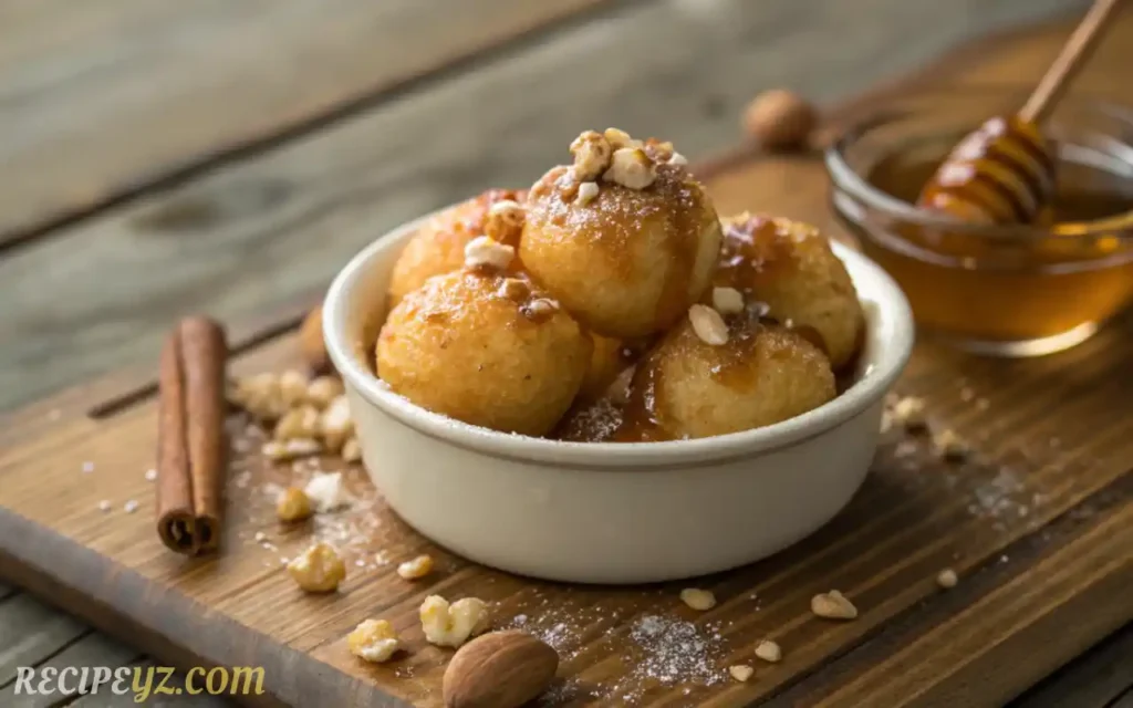 greek-loukoumades-honey-puffs Greek loukoumades honey puffs served warm in a bowl with cinnamon and walnut topping