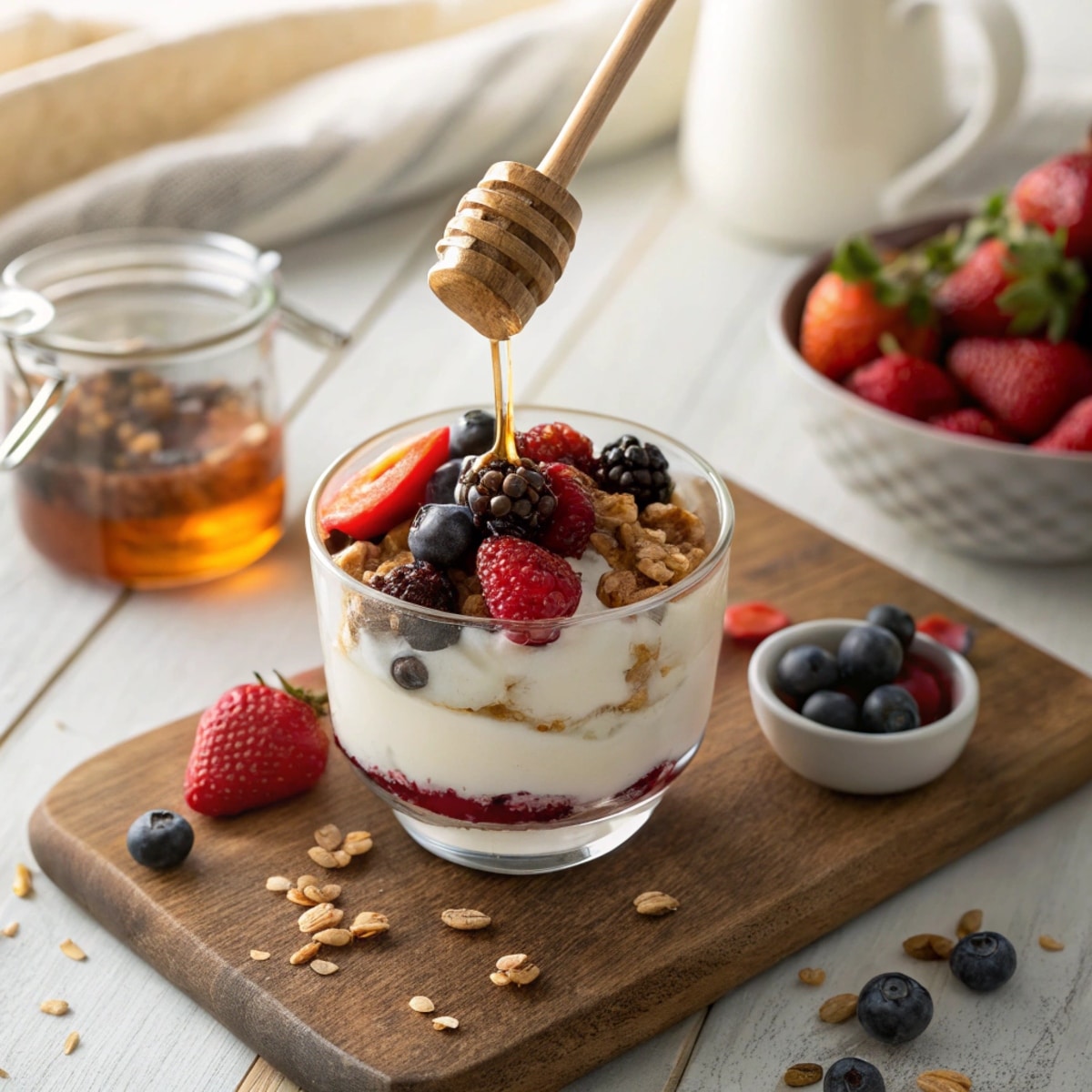 Completed Greek yogurt dessert garnished with fresh berries, nuts, and a drizzle of honey in a glass cup