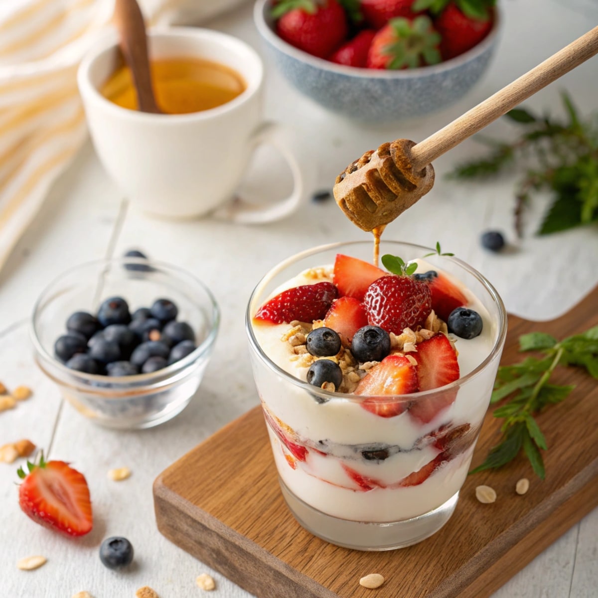 Close-up of creamy Greek yogurt dessert topped with fresh strawberries, blueberries, and a drizzle of honey in a clear glass