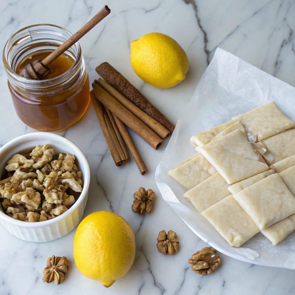 Ingredients for traditional Greek desserts including honey, walnuts, and phyllo dough