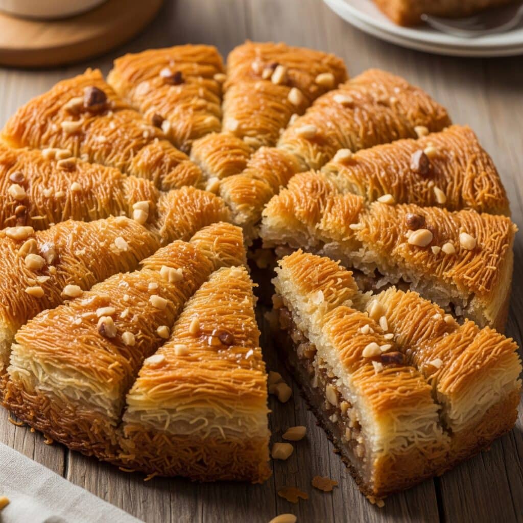 Close-up of a golden-baked kataifi dessert with visible shredded phyllo and nuts