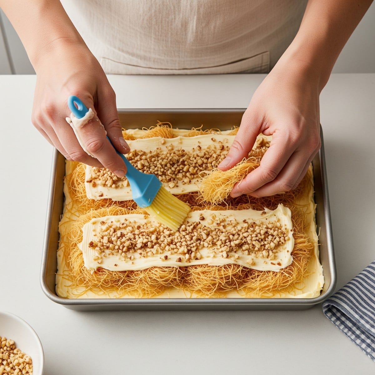 Hands layering shredded kataifi dough with melted butter and nut filling in a baking dish for Greek desserts kataifi