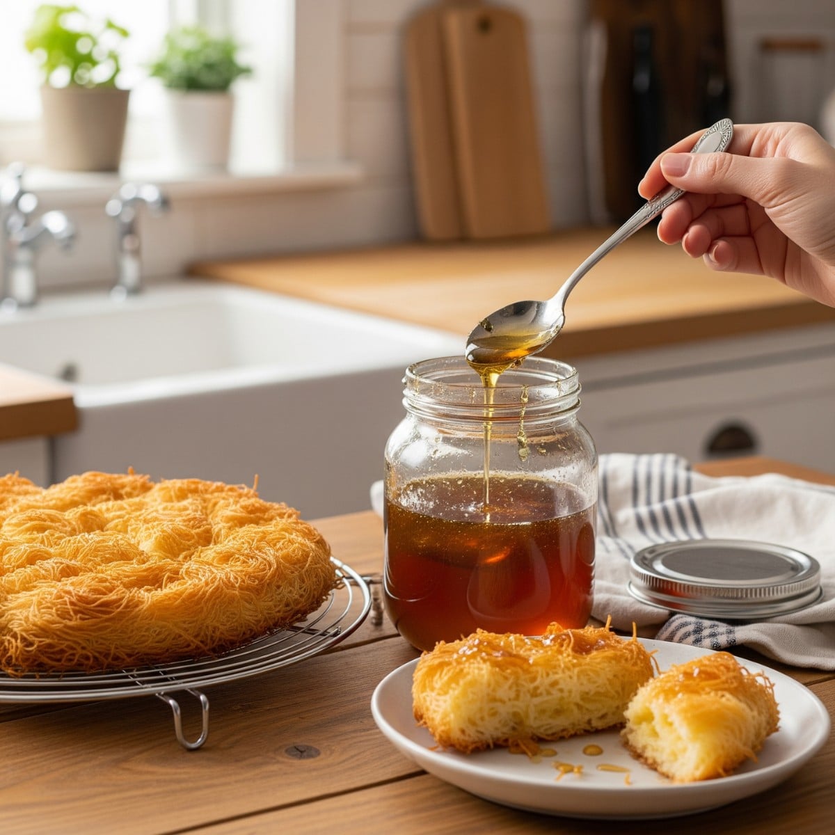 Golden baked Greek desserts kataifi cooling on wire rack next to jar of honey syrup for pouring
