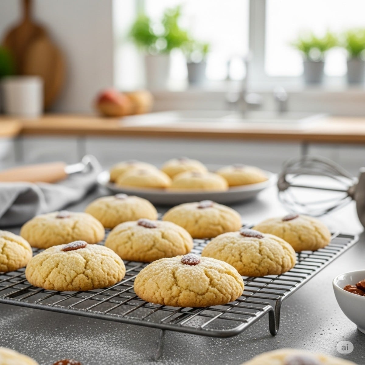 Freshly baked Kourabiedes almond cookies cooling on a rack, a popular Greek Easter dessert dusted with powdered sugar
