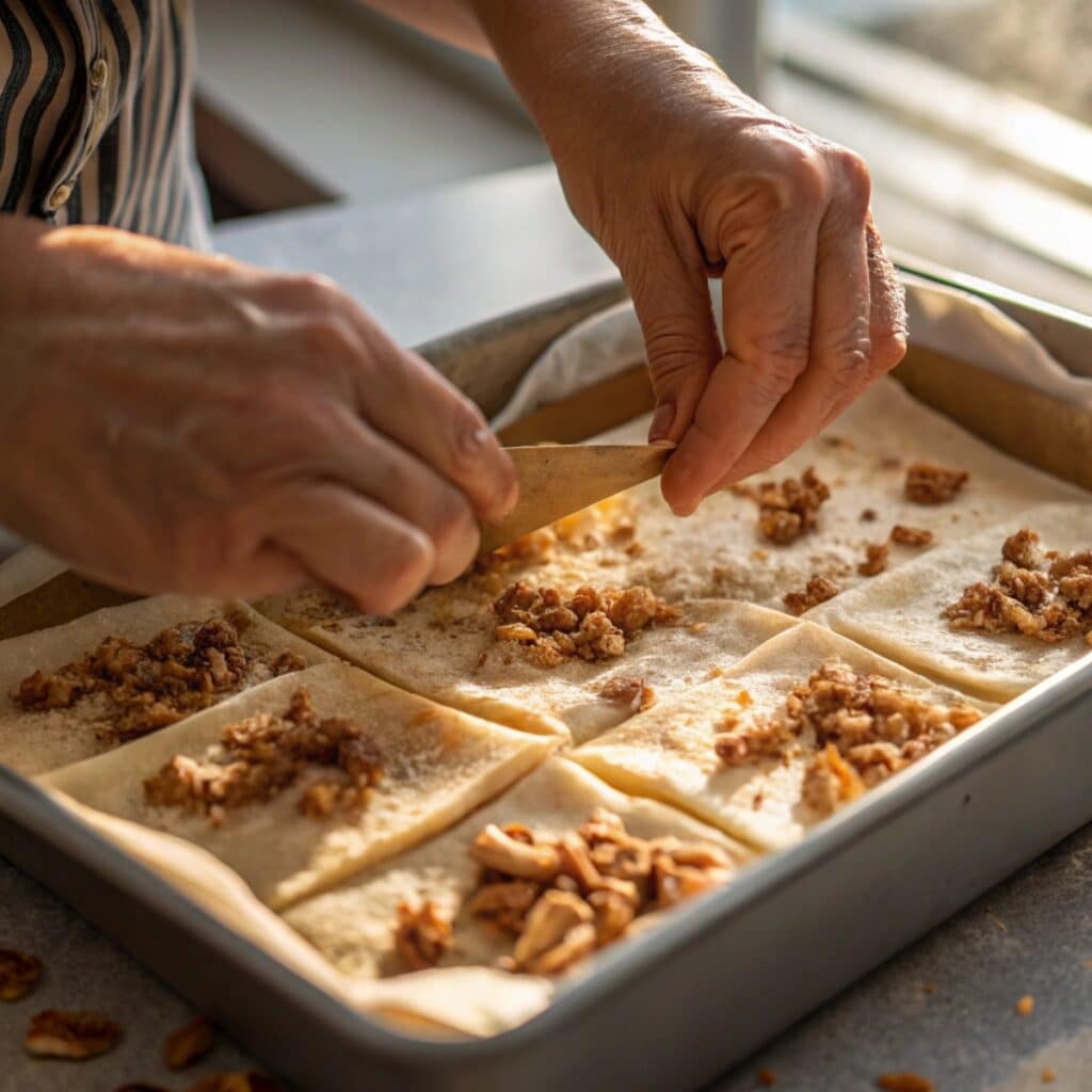 Layering phyllo dough and walnuts to make traditional baklava