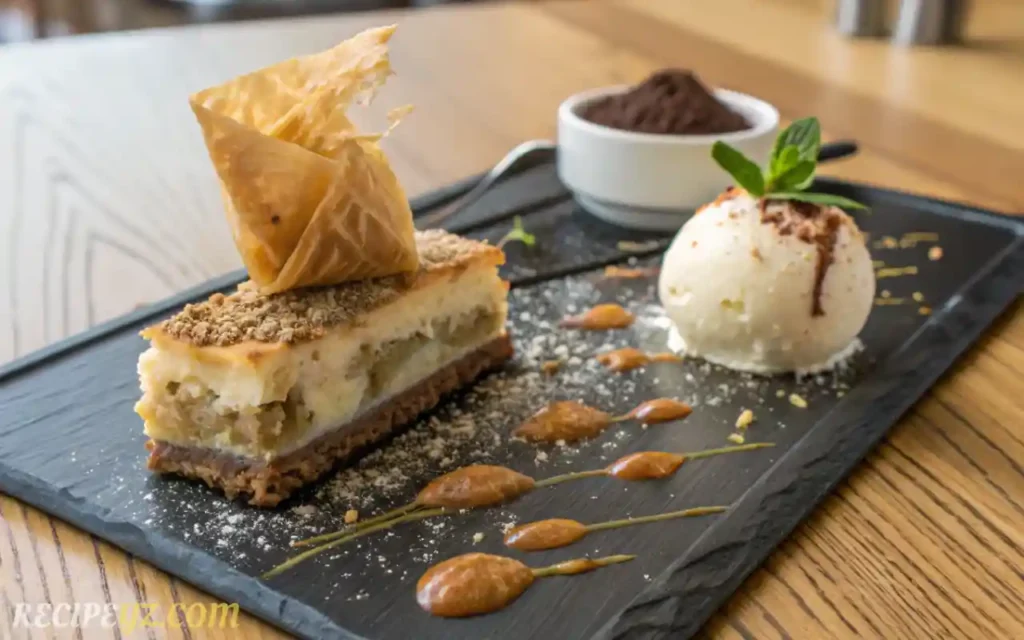 Modern Greek dessert fusion featuring baklava cheesecake, ouzo sorbet, and chocolate-filled loukoumades