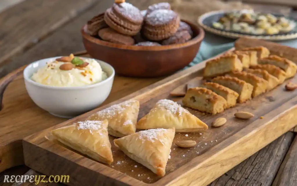 Selection of regional Greek desserts including kalitsounia, amygdalota, moustalevria, and pasteli bars on a wooden board