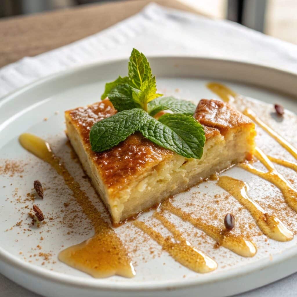 Served slice of traditional Greek galaktoboureko dessert with honey drizzle