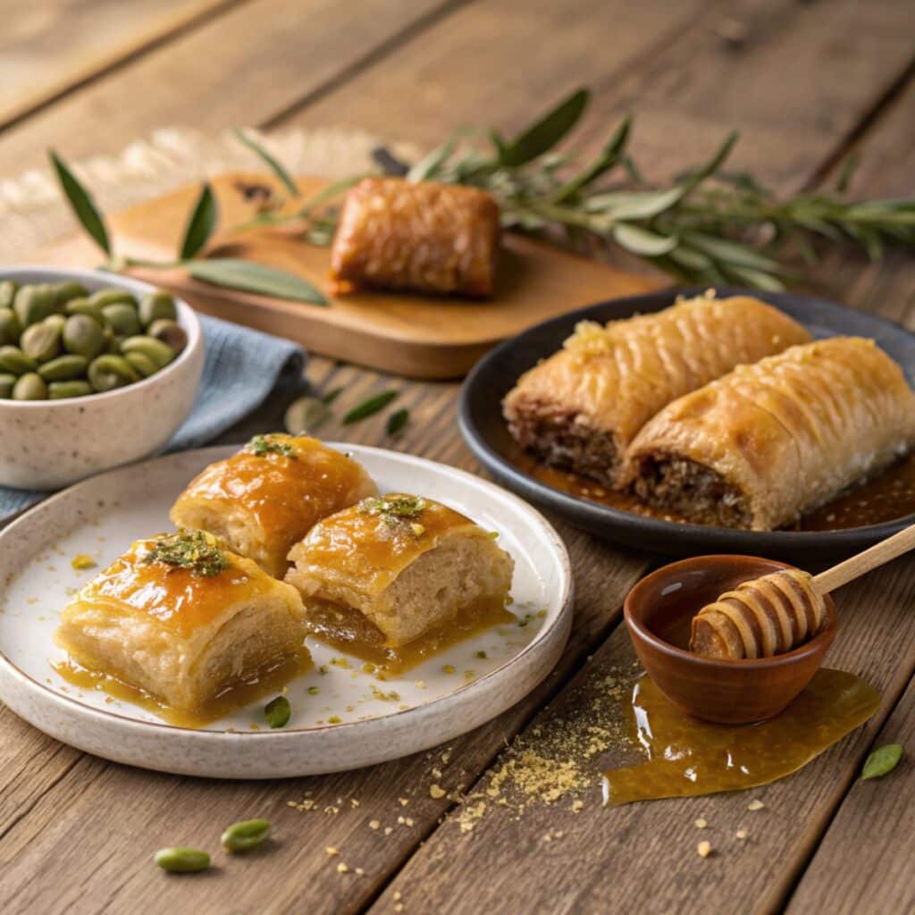 Traditional Greek desserts assortment featuring baklava and galaktoboureko