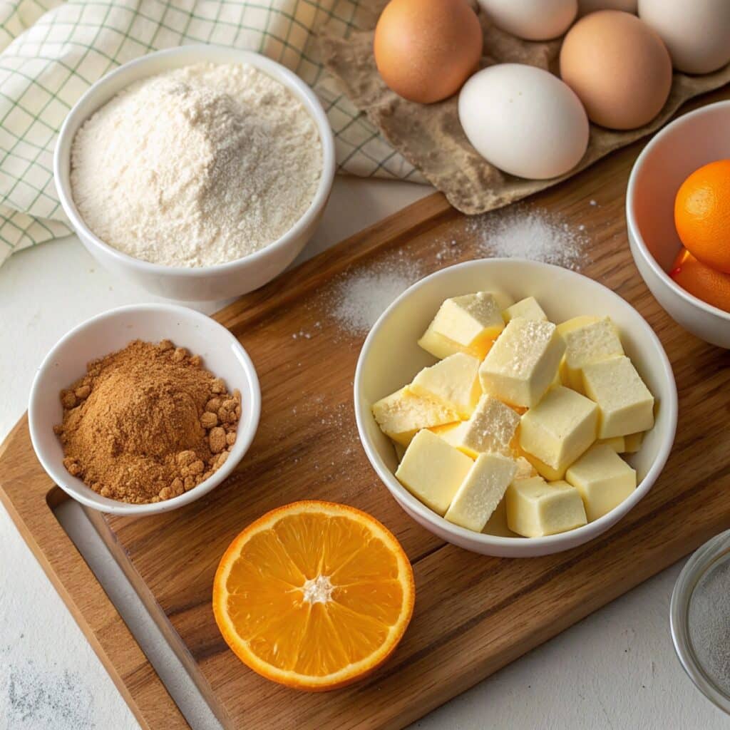 Fresh ingredients for making Greek Easter desserts like Tsoureki bread, including flour, eggs, mahleb spice, and butter arranged on a wooden board