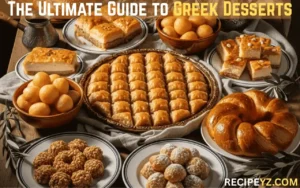 Abundant Greek dessert table with baklava, loukoumades, galaktoboureko, melomakarona, kourabiedes, and Greek coffee on a rustic table