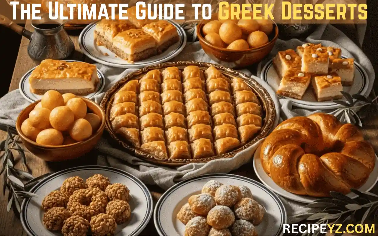 Abundant Greek dessert table with baklava, loukoumades, galaktoboureko, melomakarona, kourabiedes, and Greek coffee on a rustic table
