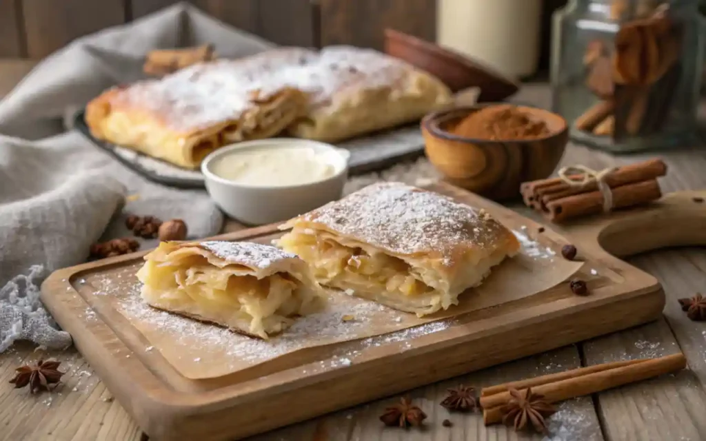 Bougatsa is a lighter, often breakfast-style pastry that comes with various fillings—custard being the most iconic for dessert lovers