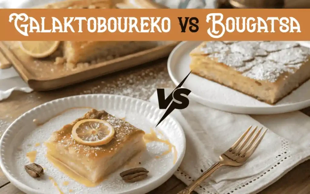 Galaktoboureko slice with syrup next to bougatsa square with powdered sugar on rustic ceramic plates