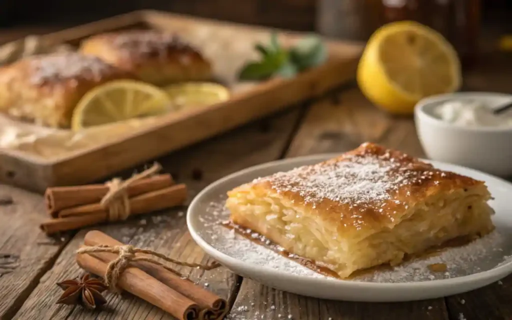 Galaktoboureko is a baked Greek dessert made with layers of butter-brushed filo dough, filled with a rich semolina custard, and soaked in lemon-scented syrup after baking