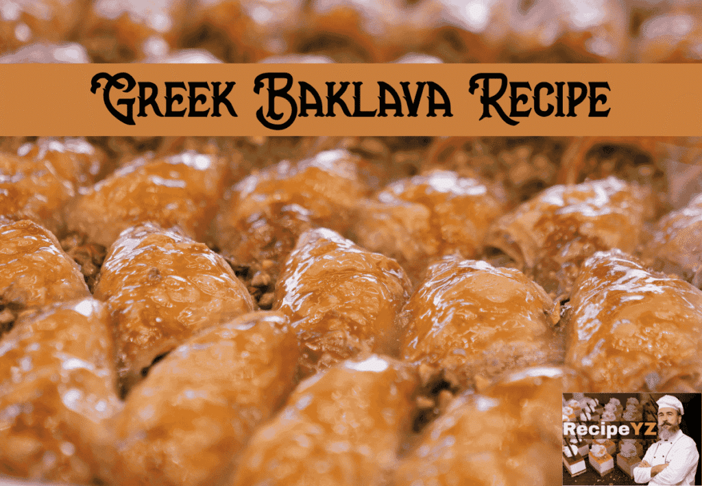 Freshly baked Greek baklava in a tray, cut into diamond shapes with golden filo layers