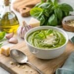 Nut-free pesto sauce in a white bowl with basil, garlic, and Parmesan on a wooden kitchen counter, perfect for allergy-friendly cooking.