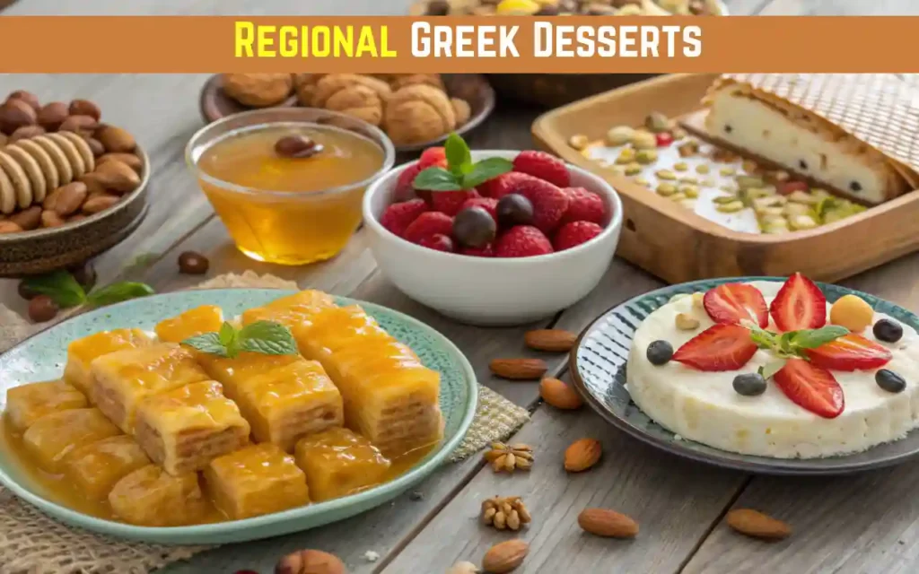Flat lay of regional Greek desserts including kalitsounia, trigona panoramatos, amygdalota, moustalevria, and pasteli arranged on a rustic wooden table