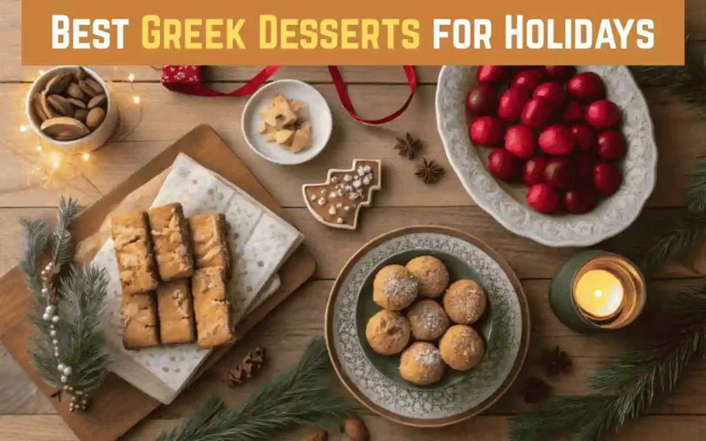 Overhead view of traditional Greek holiday desserts including melomakarona, kourabiedes, galaktoboureko, and tsoureki with red Easter eggs on a festive table