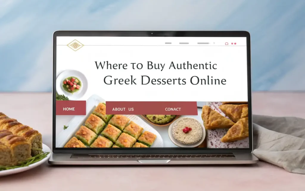 Opened delivery box with assorted authentic Greek desserts including baklava, kourabiedes, melomakarona, and spoon sweets with branded packaging