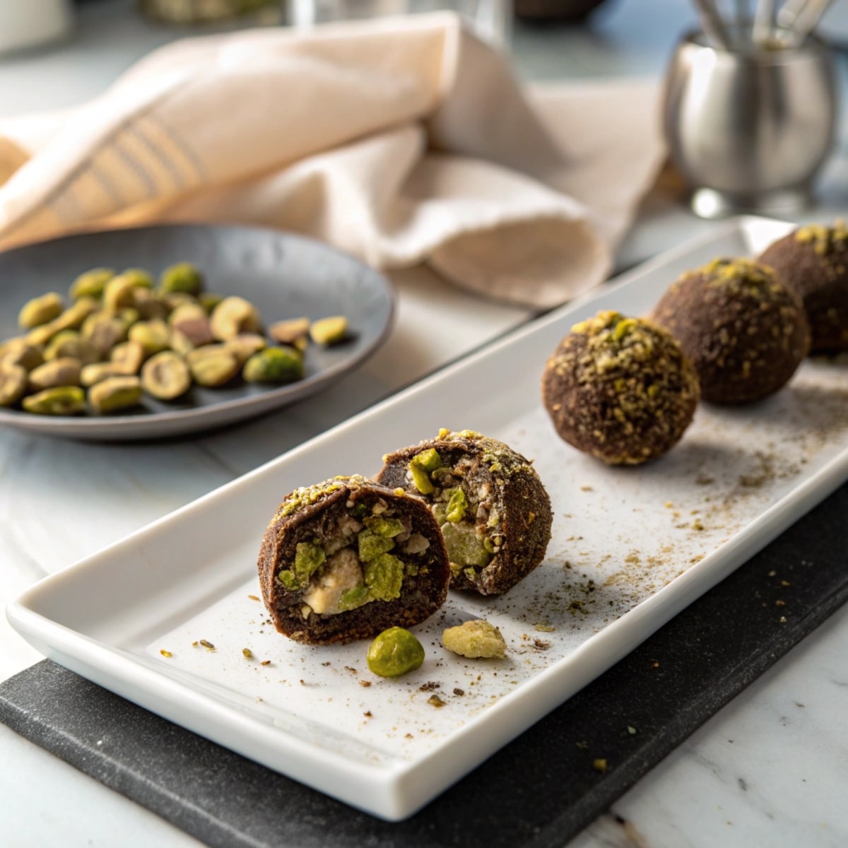 chocolate-truffles-nut-toppings A decadent chocolate cake topped with roughly chopped macadamia nuts for added texture and flavor