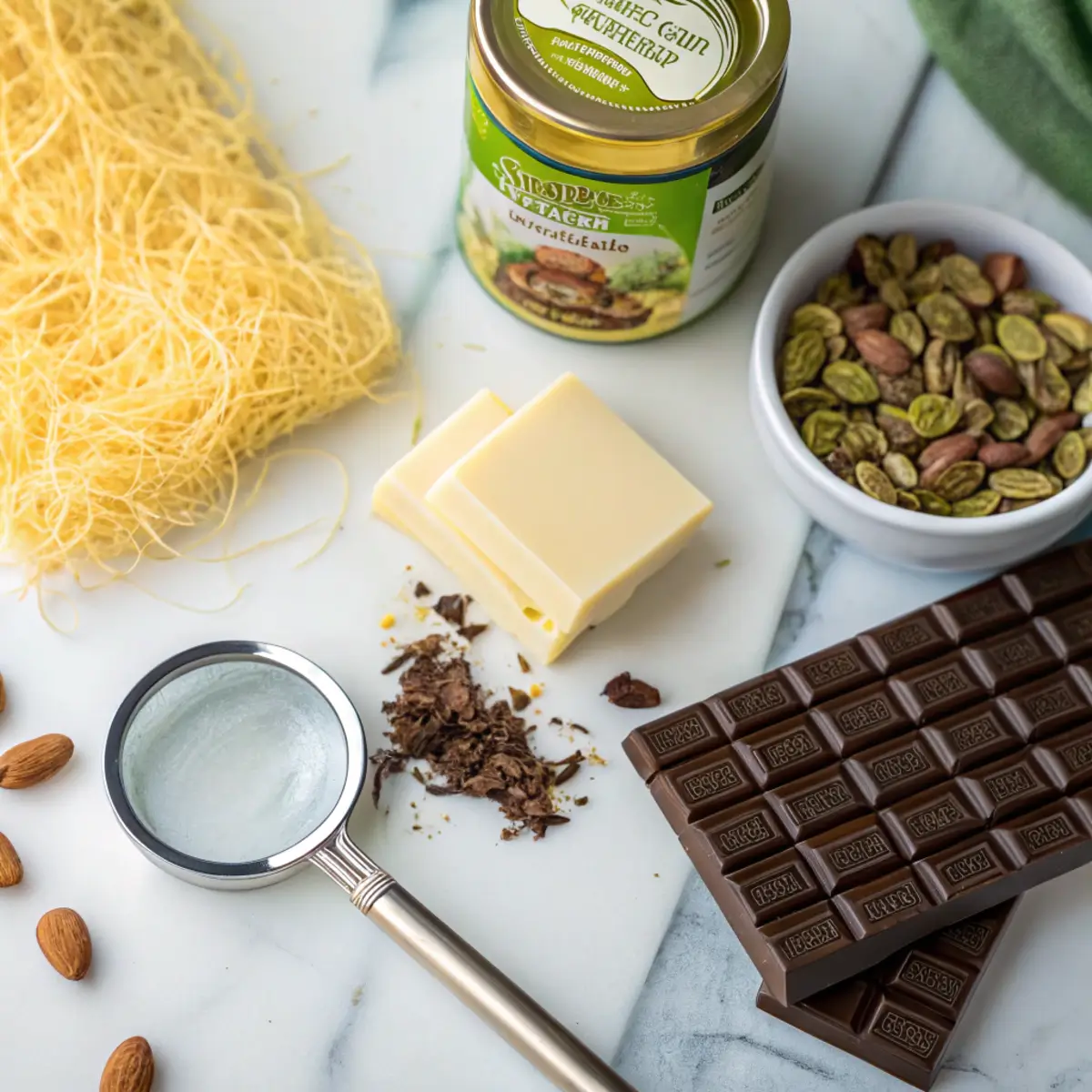 Vibrant display of Dubai chocolate bar ingredients with kataifi pastry, pistachio butter, and milk chocolate on a marble counter, perfect for a Middle Eastern chocolate treat recipe