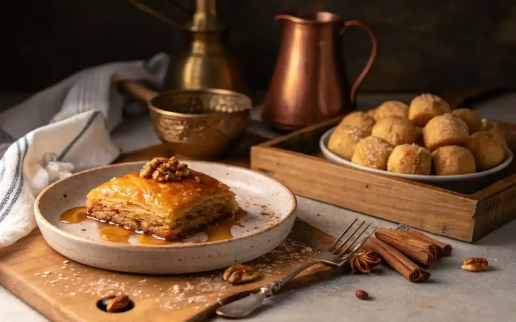 Traditional Greek baklava and loukoumades served side-by-side on ceramic plates with honey and cinnamon toppings